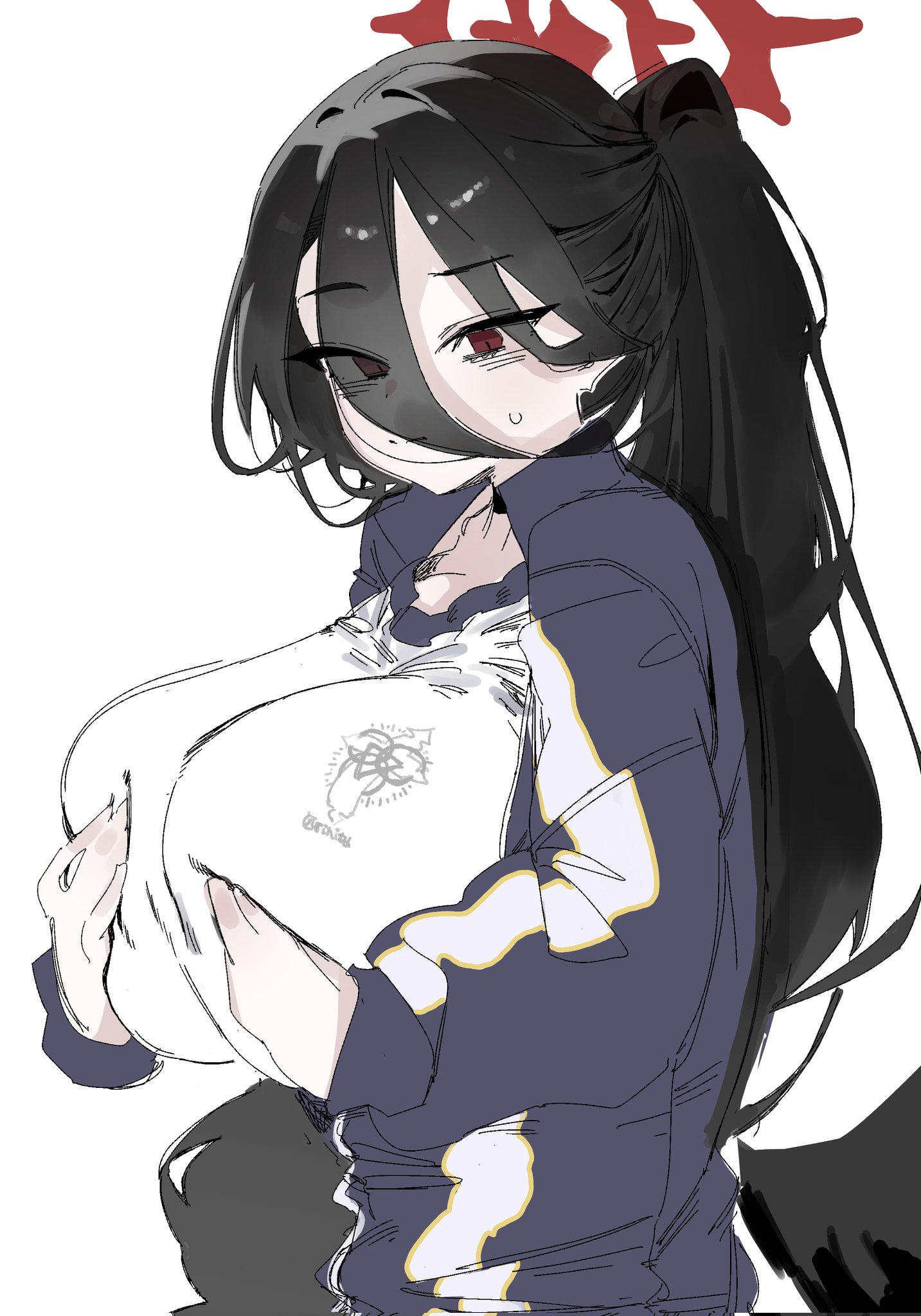 hasumi (blue archive), hasumi (track) (blue archive), blue archive, highres, non-web source, 1girl, :o, black hair, breasts, from side, hair between eyes, hand on own hip, large breasts, long hair, ponytail, red eyes, samsick, simple background, solo, solo focus, white background