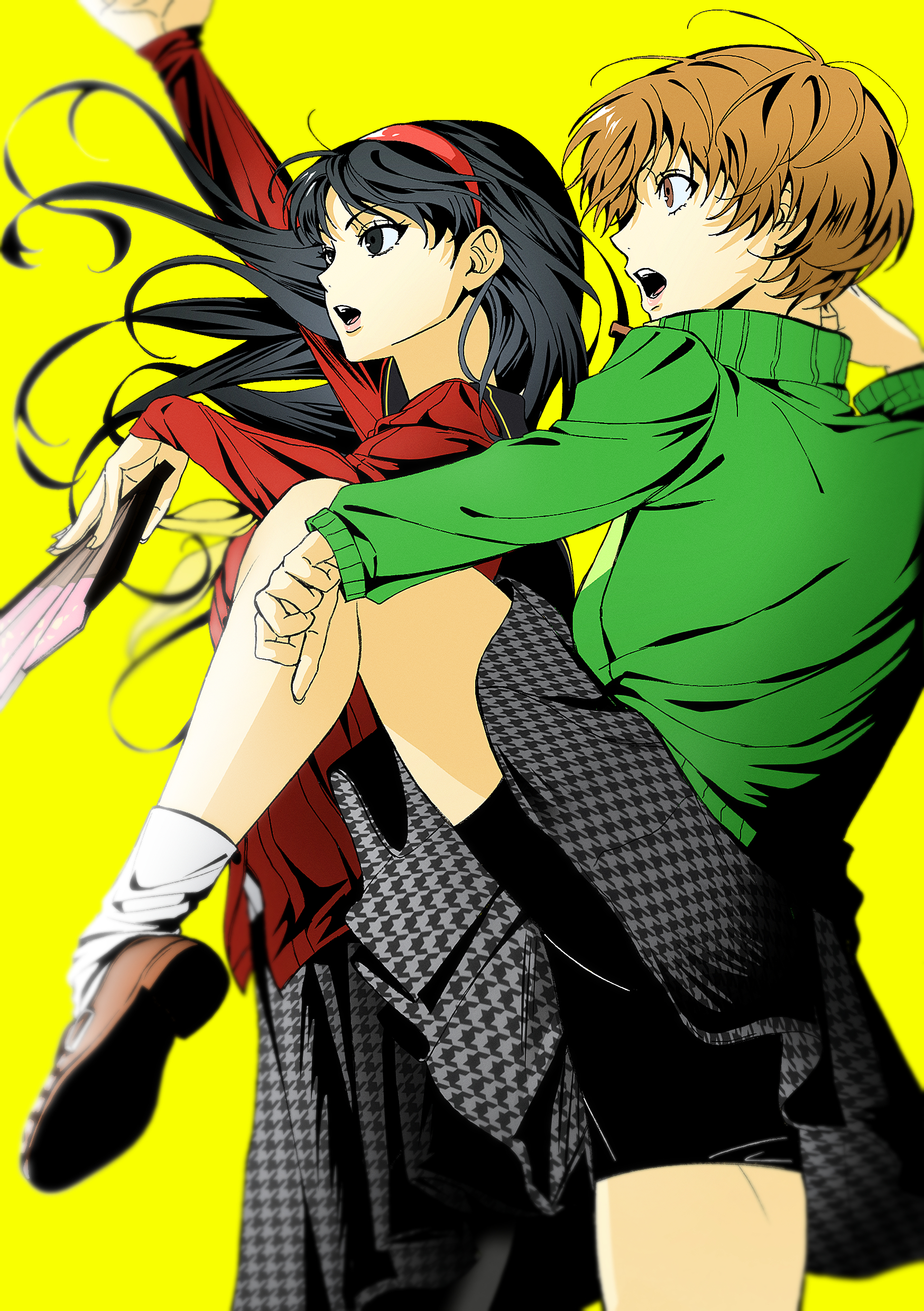 amagi yukiko, satonaka chie, persona, persona 4, absurdres, highres, 2girls, bike shorts, black eyes, black hair, black shorts, black skirt, brown eyes, brown hair, brown shoes, cardigan, cowboy shot, fighting stance, floating hair, foot out of frame, from side, green jacket, hairband, hand fan, holding, holding fan, houndstooth, jacket, leg up, long hair, looking ahead, multiple girls, open mouth, red cardigan, red hairband, sa1meunegg, school uniform, shoes, short hair, shorts, simple background, skirt, socks, standing, standing on one leg, track jacket, white socks, yasogami school uniform, yellow background
