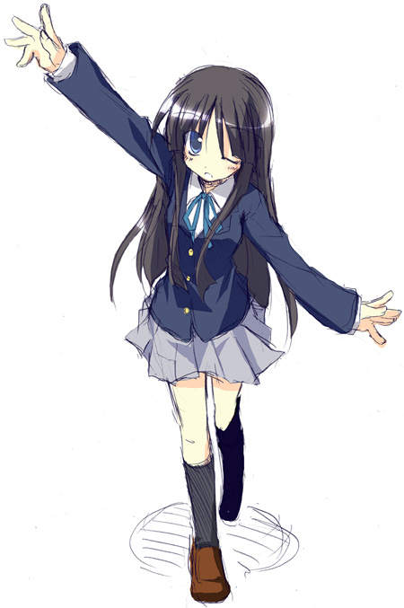 satou kibi, akiyama mio, k-on!, 00s, 1girl, female focus, full body, school uniform, solo, wink