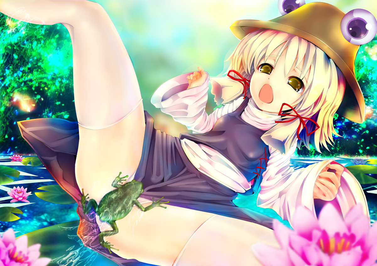 teruru, moriya suwako, touhou, 1girl, female focus, flower, frog, gradient background, hat, nature, plant, skirt, solo