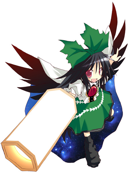 satou kibi, reiuji utsuho, touhou, 1girl, black hair, female focus, full body, red eyes, simple background, skirt, solo, white background