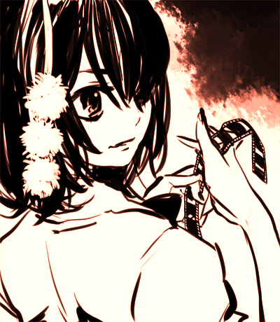 kuma (artist), kuma (crimsonvanilla), shameimaru aya, touhou, lowres, 1girl, female focus, film, film strip, from behind, hair over one eye, monochrome, sepia, short hair, smile, solo