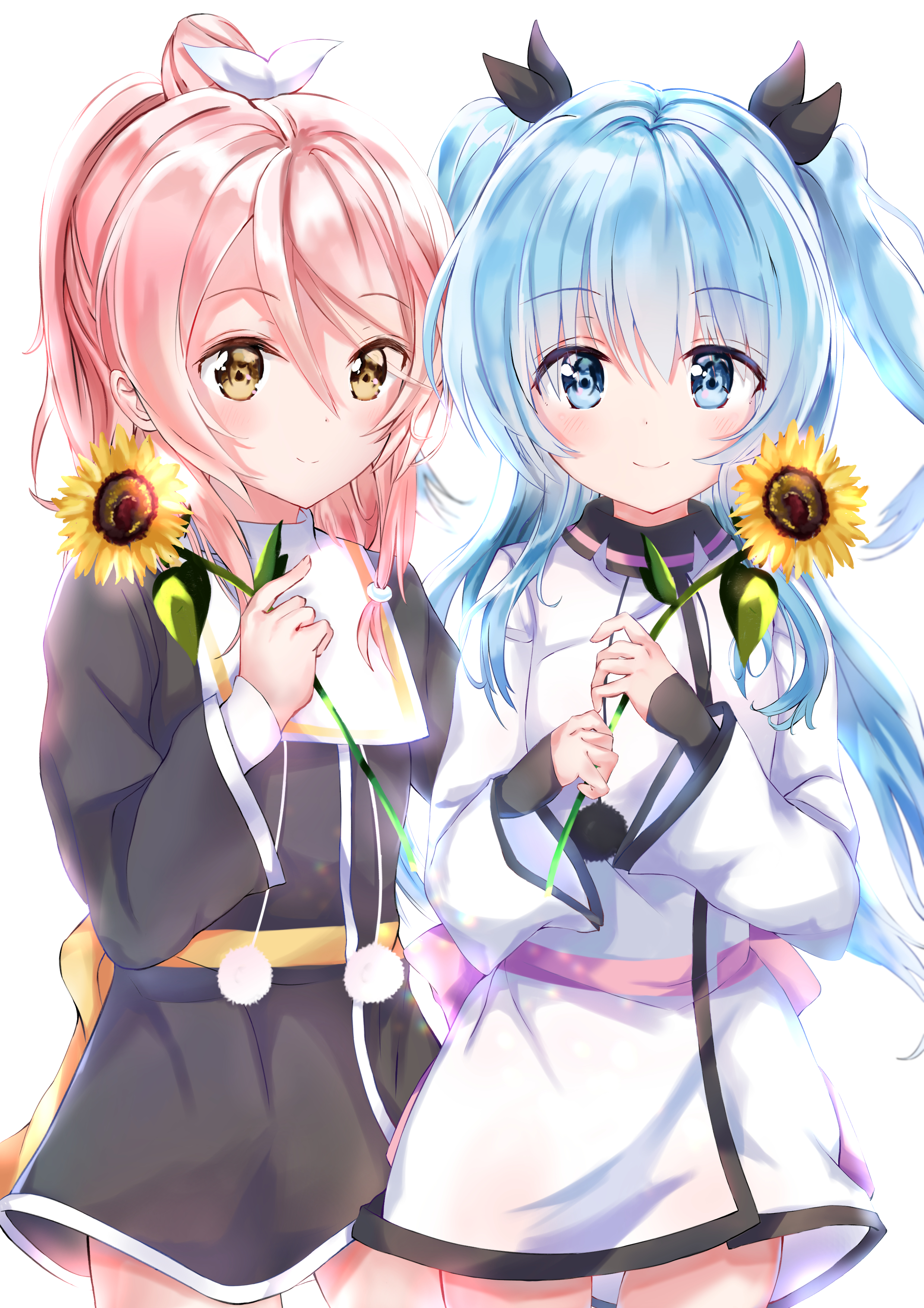 maddo (gasser 0518), carol (sora no method), noel (sora no method), sora no method, absurdres, highres, black dress, blue eyes, blue hair, dress, flower, pink eyes, pink hair, smile, sunflower, white background, white dress