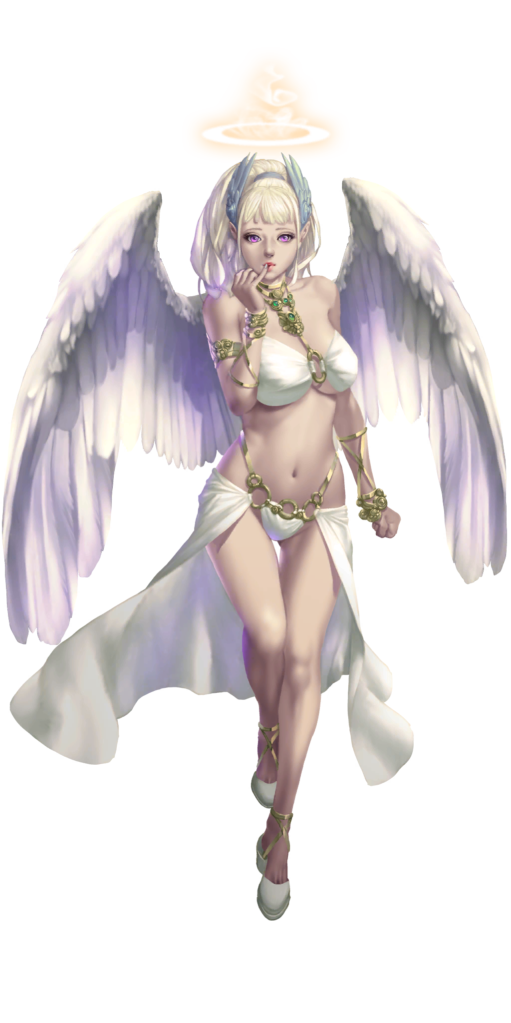 crystal maiden (series), artist request, bad source, game cg, highres, official art, third-party source, variant set, 1girl, angel, angel wings, bare legs, bare shoulders, blonde hair, breasts, clenched hand, feathered wings, finger to mouth, full body, halo, looking at viewer, micah (crystal maidens), navel, purple eyes, shoes, solo, transparent background, wings