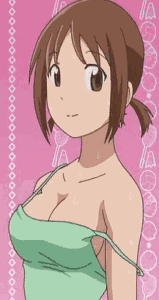 hinako (issho ni training), issho ni training, animated, animated gif, lowres, 00s, 10s, 1girl, bouncing breasts, breasts, brown eyes, brown hair, cleavage, female focus, large breasts, looking at viewer, no bra, solo, strap slip