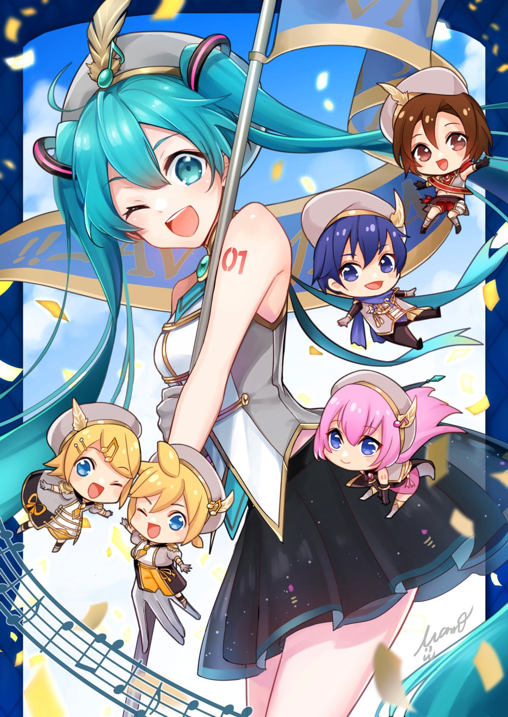 mamo (fortune-mm), hatsune miku, kagamine len, kagamine rin, kaito (vocaloid), megurine luka, meiko (vocaloid), comiket 96, vocaloid, highres, 2boys, 4girls, ahoge, aqua eyes, aqua hair, aqua trim, arm tattoo, beret, black skirt, blonde hair, blue eyes, blue hair, breasts, brown eyes, brown hair, chibi, flag, fortissimo, gloves, grey gloves, grey hat, grey shirt, hair between eyes, hair ornament, hat, holding, holding flag, light blush, long hair, looking at viewer, medium breasts, multiple boys, multiple girls, musical note, musical note hair ornament, musical staff, number tattoo, one eye closed, open mouth, pink hair, pleated skirt, purple eyes, shirt, skirt, sleeveless, sleeveless shirt, smile, tattoo, twintails, very long hair