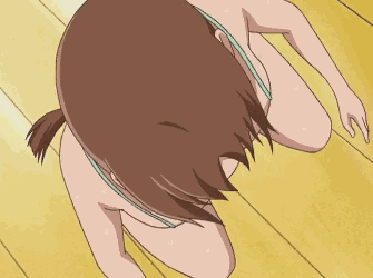 hinako (issho ni training), issho ni training, animated, animated gif, lowres, 00s, 10s, 1girl, bouncing breasts, breasts, brown eyes, brown hair, cleavage, downblouse, female focus, from above, indoors, large breasts, no bra, smile, solo, tank top