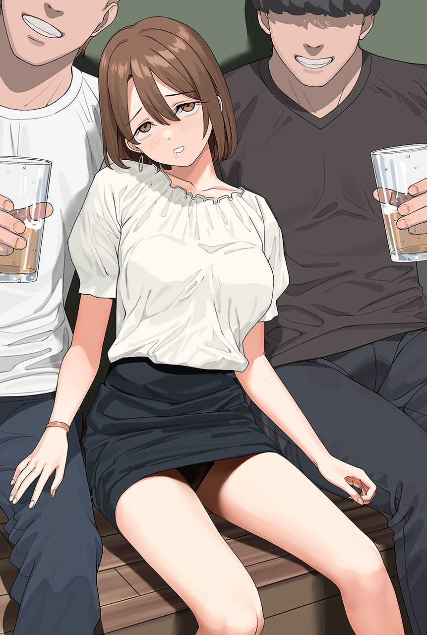 a1 (initial-g), character request, copyright request, highres, 1girl, 2boys, black panties, black pants, black shirt, black skirt, cup, drinking, faceless, faceless male, grin, hair between eyes, holding, holding cup, knees, multiple boys, panties, pants, pantyhose, pencil skirt, shadow, shirt, short hair, short sleeves, sitting, skirt, smile, t-shirt, teeth, underwear, white shirt