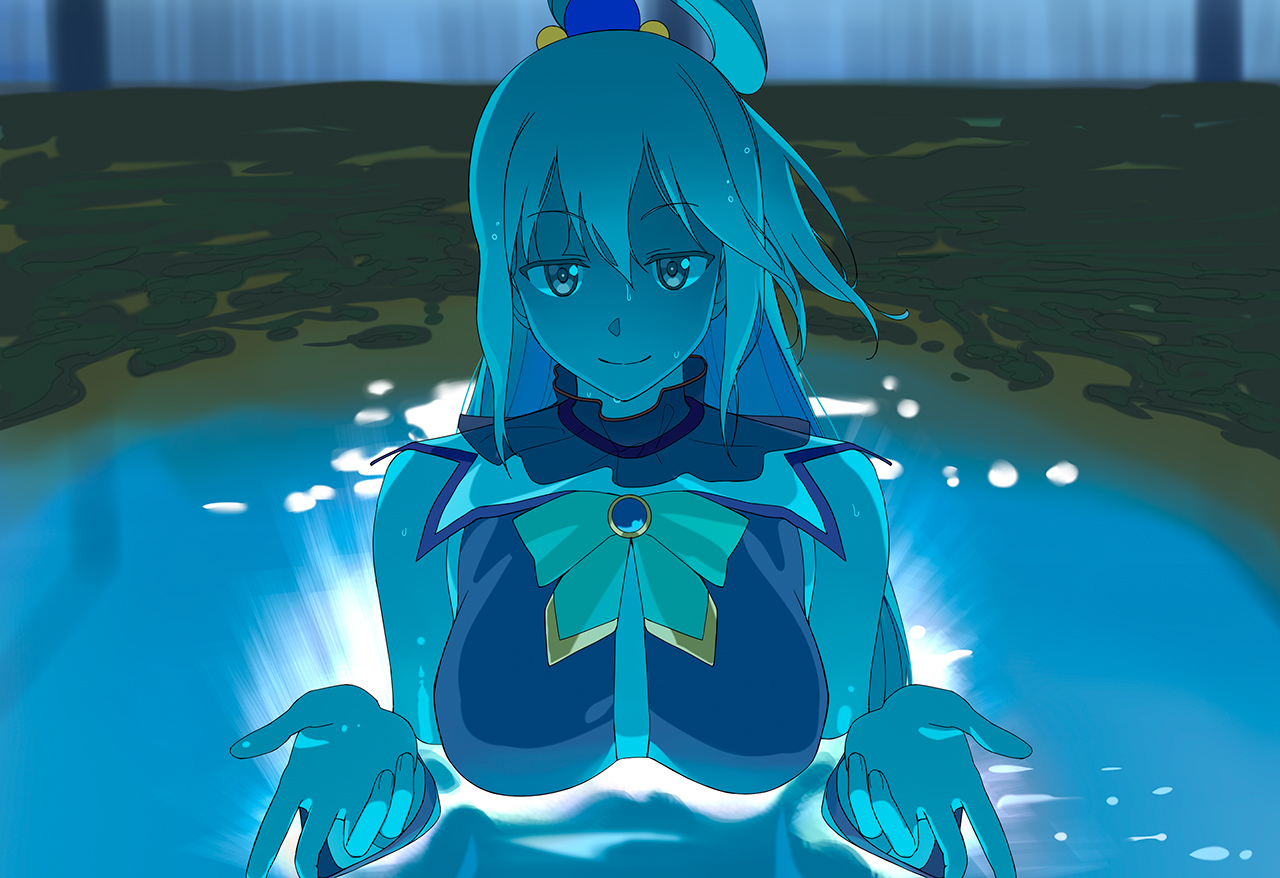 a1 (initial-g), aqua (konosuba), chainsaw man, kono subarashii sekai ni shukufuku wo!, 1girl, blue eyes, blue hair, blush, breasts, closed mouth, hair ornament, hair rings, i'll teach you everything (chainsaw man), large breasts, long hair, looking at viewer, parody, partially submerged, smile, solo, sphere hair ornament, water, wet