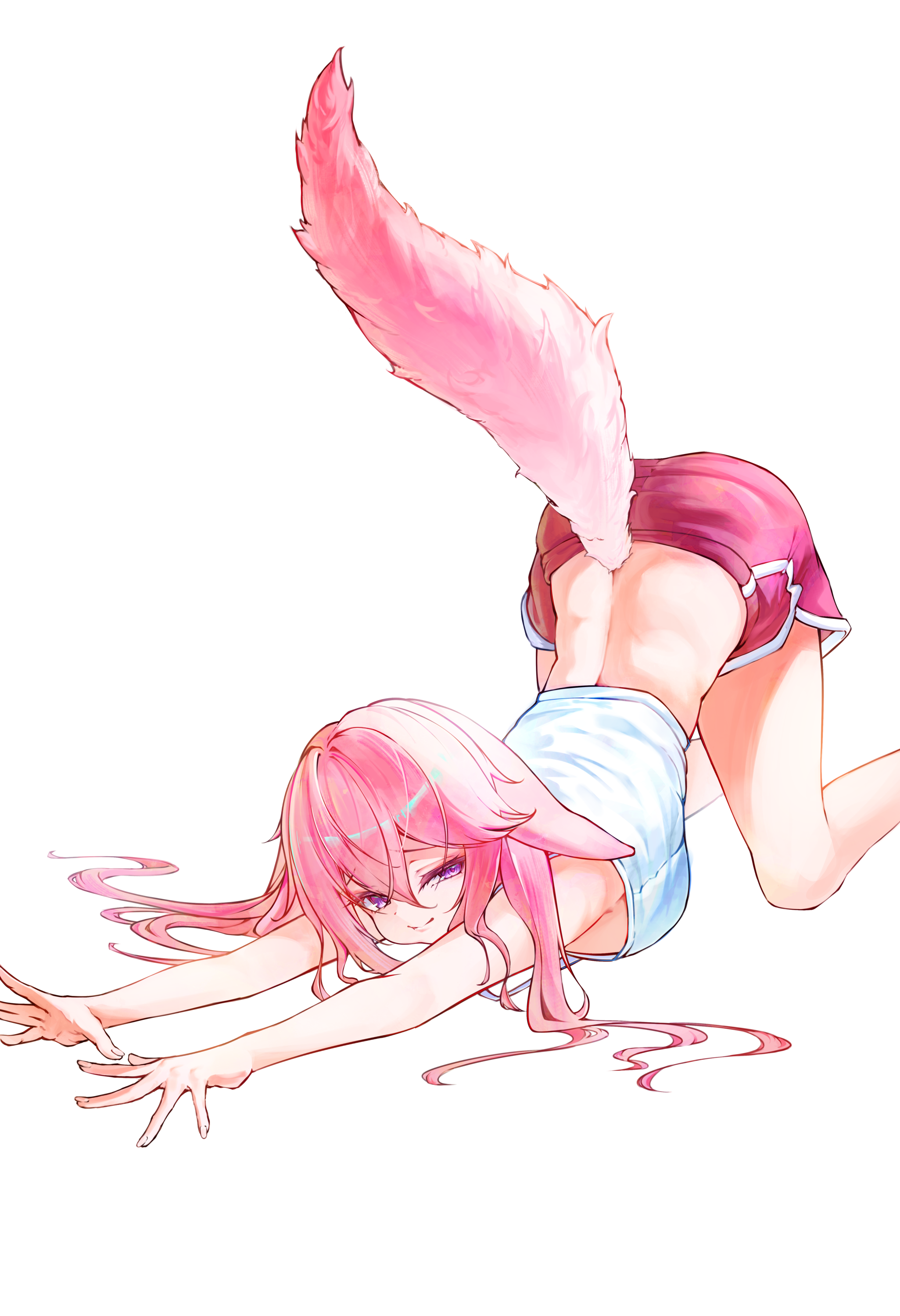 hyujjo, yae miko, genshin impact, absurdres, commentary, english commentary, highres, 1girl, animal ears, back, blush, breasts, closed mouth, dolphin shorts, fingernails, floppy ears, fox ears, fox girl, fox tail, hair between eyes, large breasts, long hair, median furrow, nail polish, pink hair, pink nails, pink shorts, pink tail, purple eyes, shirt, shorts, simple background, smile, solo, stretching, tail, thighs, top-down bottom-up, white background, white shirt