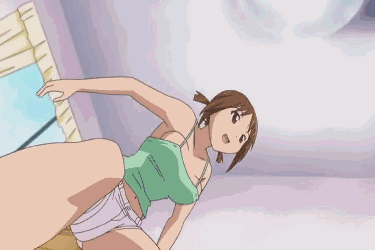 hinako (issho ni training), issho ni training, animated, animated gif, lowres, 00s, 10s, 1girl, bouncing breasts, breasts, brown eyes, brown hair, female focus, indoors, large breasts, midriff, navel, no bra, solo, standing, tank top