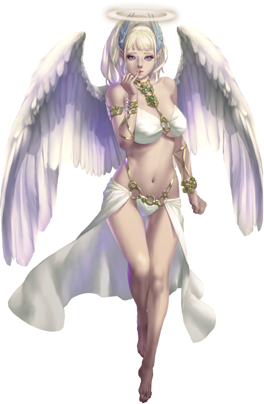 crystal maiden (series), artist request, game cg, official art, variant set, 1girl, angel, angel wings, bare legs, bare shoulders, barefoot, blonde hair, breasts, clenched hand, feathered wings, finger to mouth, full body, halo, looking at viewer, micah (crystal maidens), navel, purple eyes, solo, transparent background, wings