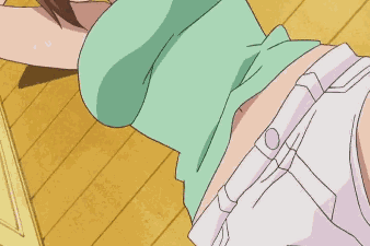 hinako (issho ni training), issho ni training, animated, animated gif, lowres, 00s, 10s, 1girl, breasts, brown eyes, brown hair, cleavage, downblouse, female focus, from above, indoors, large breasts, midriff, navel, no bra, solo, tank top
