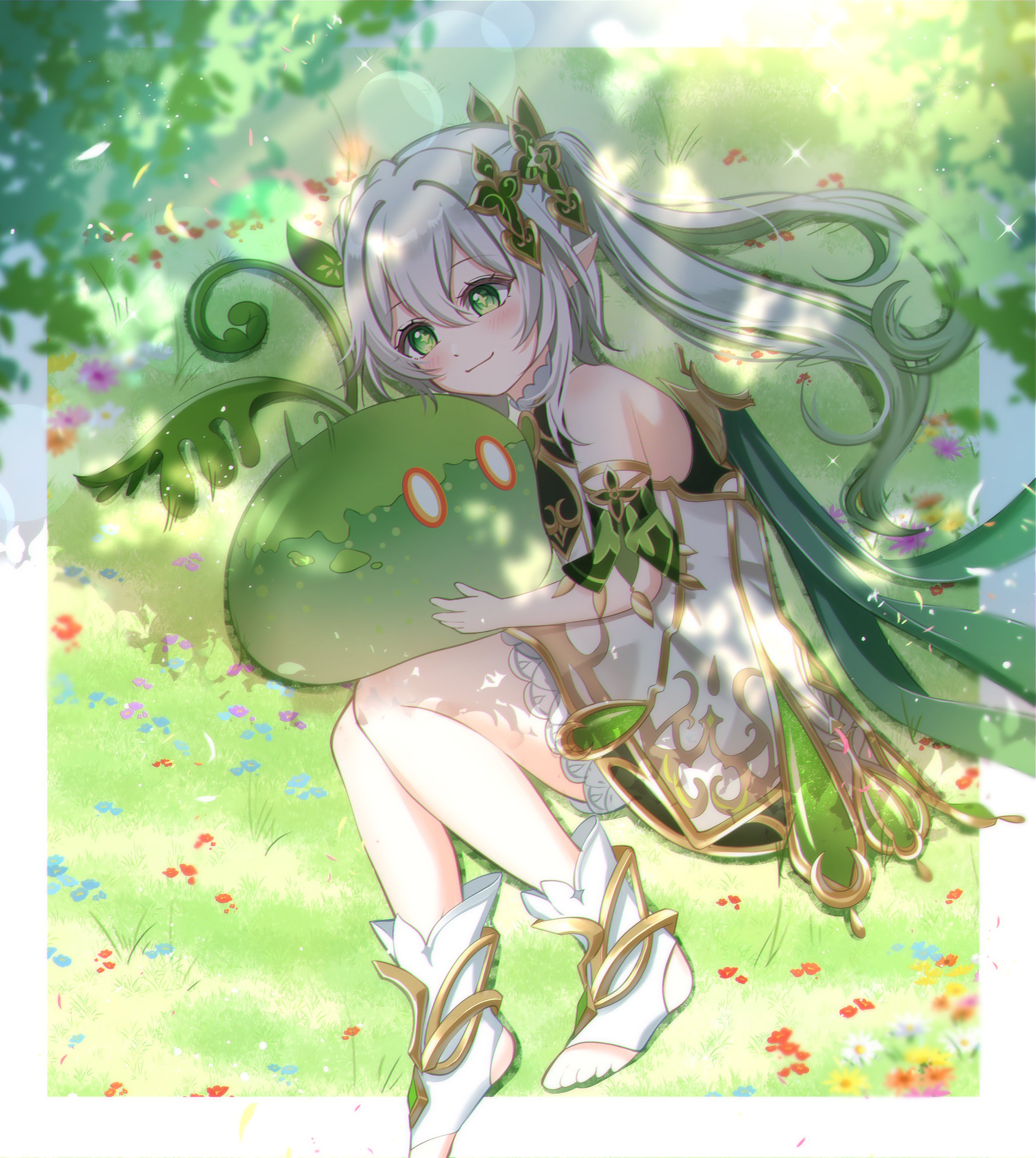 cocoa 11vv, dendro slime (genshin impact), nahida (genshin impact), slime (genshin impact), genshin impact, absurdres, commentary request, highres, 1girl, bare shoulders, bloomers, cape, dappled sunlight, detached sleeves, dress, gold trim, gradient hair, green cape, green eyes, green hair, green sleeves, hair between eyes, hair ornament, holding, leaf hair ornament, long hair, looking at viewer, lying, multicolored hair, on grass, on side, pointy ears, side ponytail, sleeveless, sleeveless dress, solo, star-shaped pupils, star (symbol), stirrup legwear, sunlight, symbol-shaped pupils, toeless legwear, toes, underwear, white bloomers, white dress, white hair