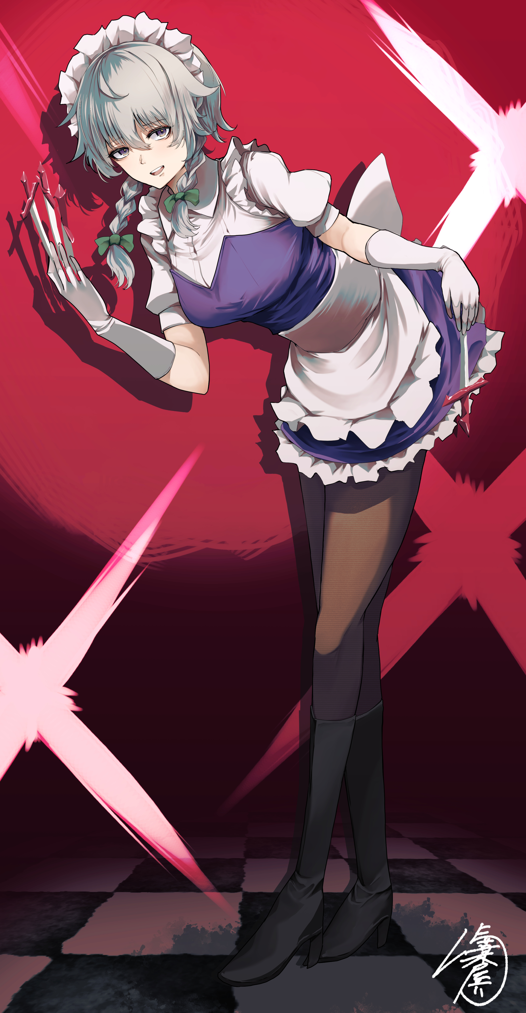 yagoro kusuriya, izayoi sakuya, touhou, absurdres, highres, 1girl, apron, bat wings, between fingers, blush, bow, braid, breasts, dress, green bow, grey hair, hair bow, hat, holding, holding knife, knife, knives between fingers, long hair, maid, maid headdress, open mouth, ribbon, short hair, smile, solo, twin braids, waist apron, wings