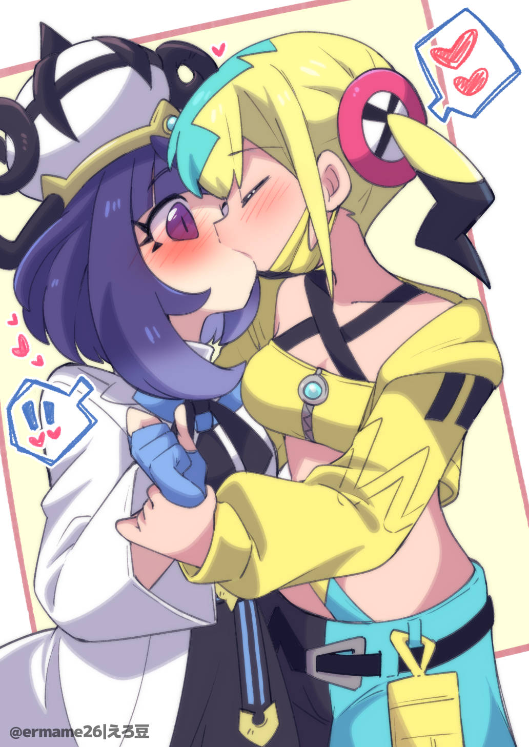eromame, canari (pokemon), gwynn (pokemon), nintendo, pokemon, pokemon legends: z-a, highres, !, !!, 2girls, black hair, black pants, blonde hair, blue hair, blue pants, blush, coat, cropped sweater, gloves, hair ornament, heart, kiss, lab coat, mask, mouth mask, multicolored hair, multiple girls, pants, partially fingerless gloves, purple eyes, purple hair, shirt under dress, short hair, spoken heart, sweater, twitter username, two-tone pants, white coat, yellow mask, yellow sweater, yuri