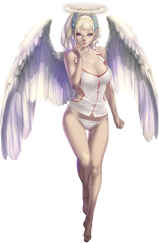 crystal maiden (series), artist request, game cg, official art, variant set, 1girl, angel, angel wings, bare arms, bare legs, bare shoulders, barefoot, blonde hair, breasts, cleavage, clenched hand, feathered wings, finger to mouth, full body, halo, looking at viewer, micah (crystal maidens), navel, panties, purple eyes, solo, transparent background, underwear, white panties, wings