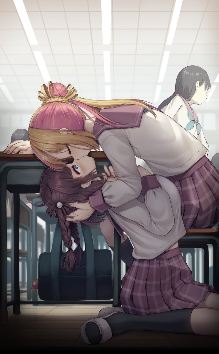 wanashi tam, original, highres, 4girls, bag, black socks, blonde hair, blue eyes, braid, brown hair, ceiling, ceiling light, chair, classroom, desk, faceless, hair bun, kiss, long hair, mary janes, multicolored hair, multiple girls, pearl hair ornament, pink hair, pink sailor collar, pink skirt, ponytail, sailor collar, school bag, school chair, school desk, school uniform, shoes, short hair, sitting, skirt, socks, tearing up, tile ceiling, tiles, twin braids, two-tone hair, under table, wariza, yuri