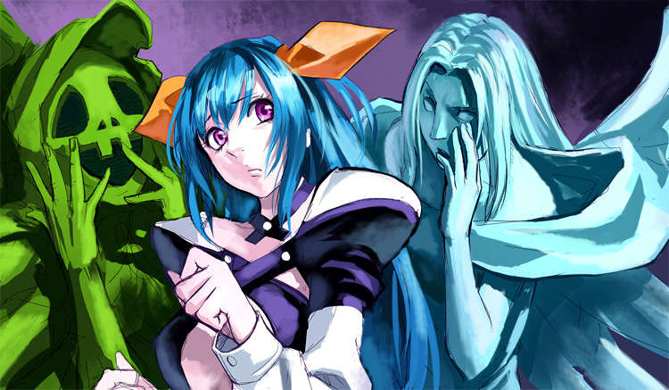 akito, dizzy (guilty gear), necro (guilty gear), undine (guilty gear), arc system works, guilty gear, 1girl, :d, asymmetrical wings, blue hair, bow, breasts, eyelashes, hair bow, long hair, open mouth, purple eyes, ribbon, smile, twintails, wings