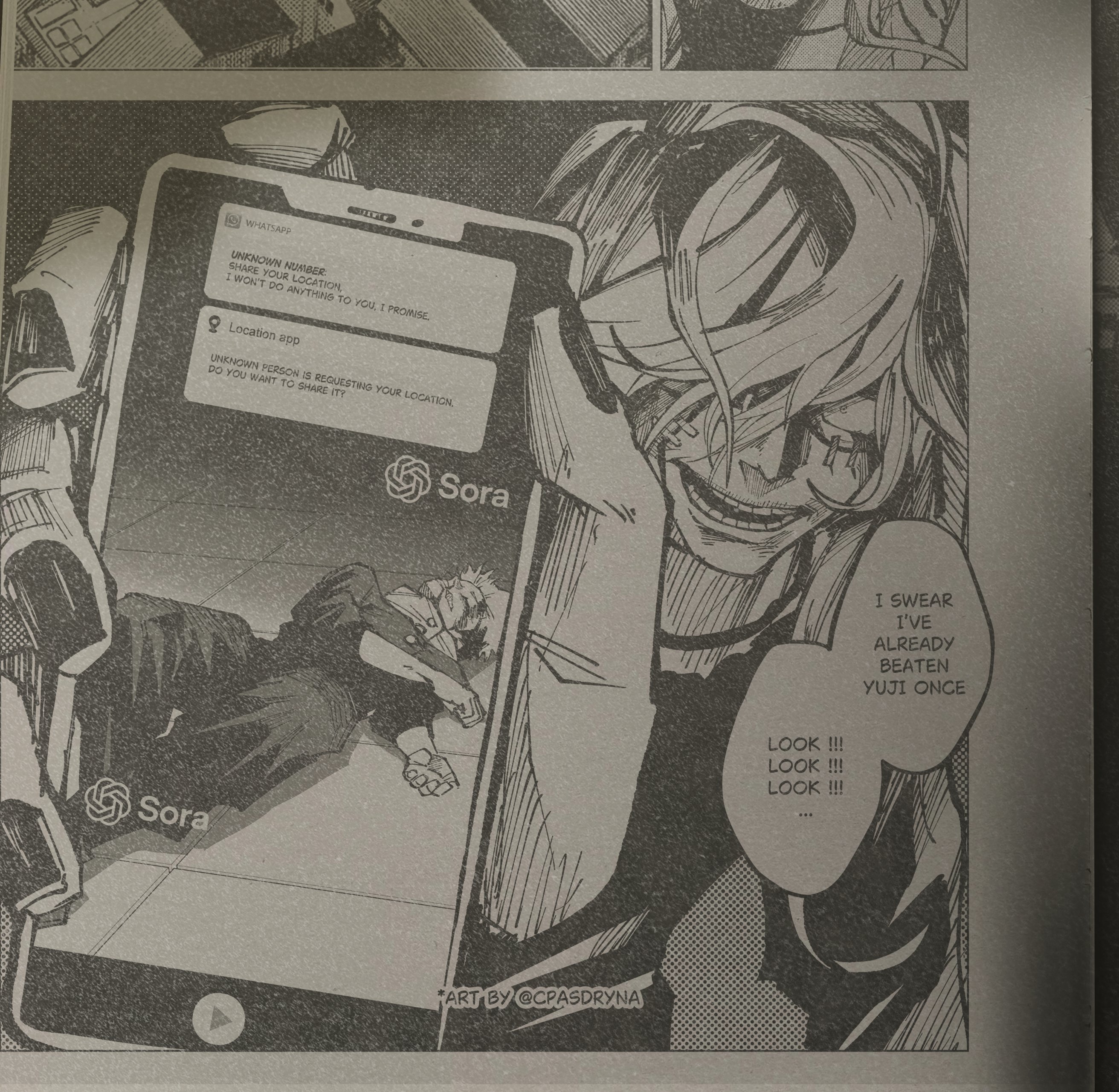 nandry, itadori yuuji, mahito (jujutsu kaisen), jujutsu kaisen, jujutsu kaisen modulo, absurdres, highres, 2boys, ai-generated art (topic), black nails, cellphone, defeat, english text, fake scan, grin, hair over one eye, holding, holding phone, long hair, lying, monochrome, multiple boys, notification, openai, phone, smartphone, smile, stitched face, stitches, teeth, twitter username