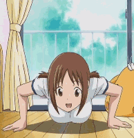 hinako (issho ni training), issho ni training, animated, animated png, lowres, 00s, 10s, 1girl, all fours, bouncing breasts, breast press, breasts, brown eyes, brown hair, exercising, female focus, hanging breasts, indoors, large breasts, no bra, push-ups, solo