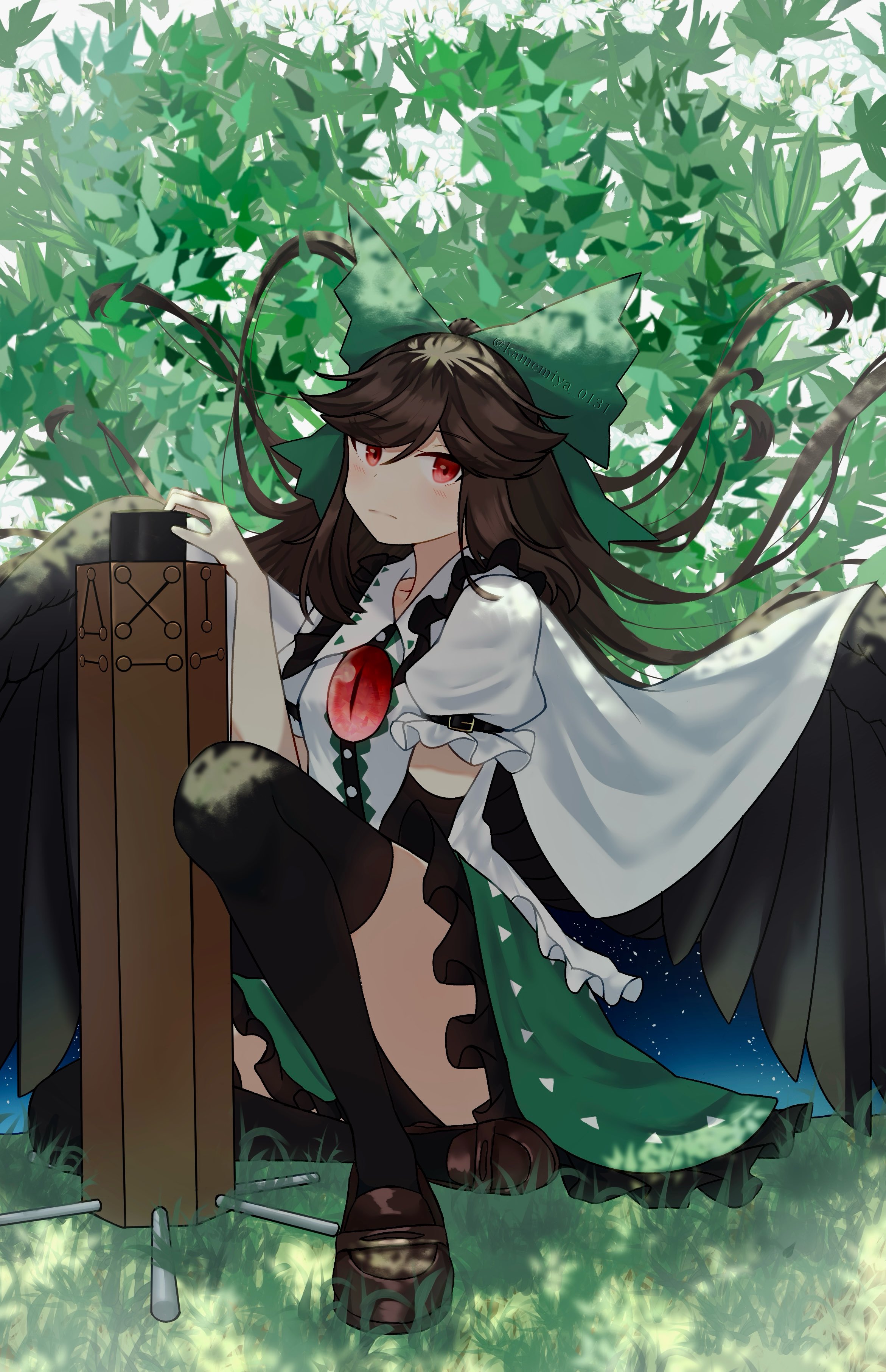 cosmos 0131, reiuji utsuho, touhou, absurdres, highres, 1girl, arm cannon, asymmetrical footwear, bird wings, black hair, black wings, blush, bow, breasts, brown hair, cape, control rod (touhou), green bow, green skirt, hair bow, long hair, looking at viewer, mismatched footwear, red eyes, shirt, skirt, smile, solo, starry sky print, third eye, third eye on chest, weapon, wings
