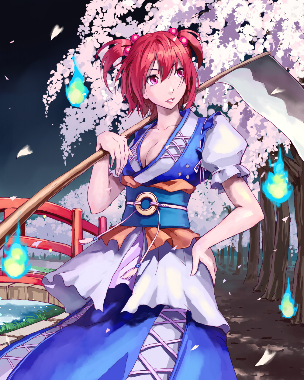 akito, onozuka komachi, touhou, highres, 1girl, bob cut, breasts, bridge, cherry blossoms, cleavage, coin, dress, female focus, hair bobbles, hair ornament, large breasts, lipstick, makeup, petals, pink eyes, pink lips, red hair, river, scythe, short hair, short twintails, skirt, smile, solo, standing, tree, twintails, two side up