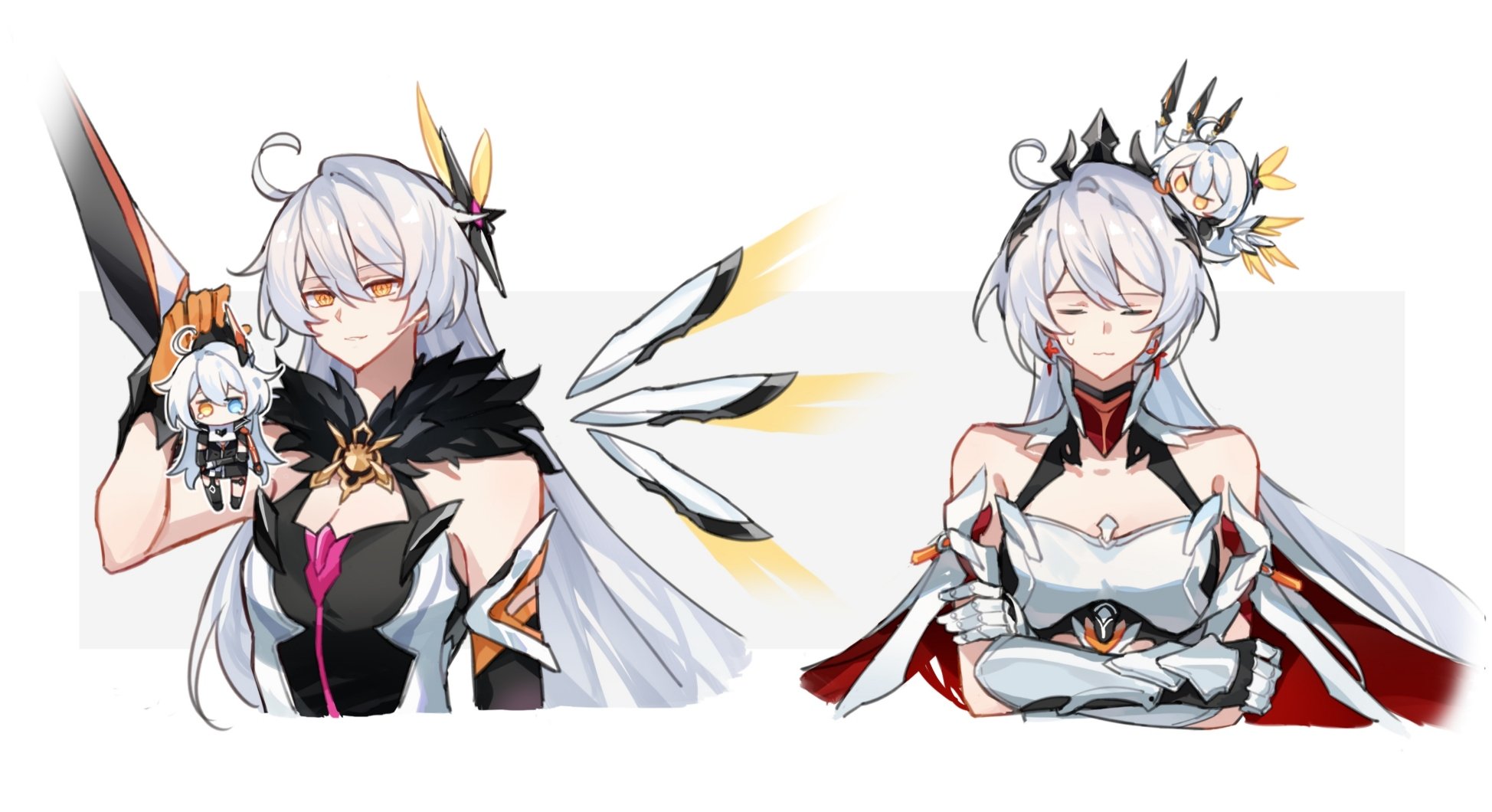 shiying no yao, kiana kaslana, kiana kaslana (herrscher of flamescion), kiana kaslana (herrscher of the void), kiana kaslana (void drifter), honkai (series), honkai impact 3rd, highres, 2girls, ahoge, bare shoulders, black gloves, breasts, cape, chibi, chibi on head, closed eyes, crossed arms, crown, elbow gloves, fur collar, gloves, long hair, medium breasts, multiple girls, on head, simple background, torn cape, torn clothes, vambraces, white background, white hair, yellow eyes