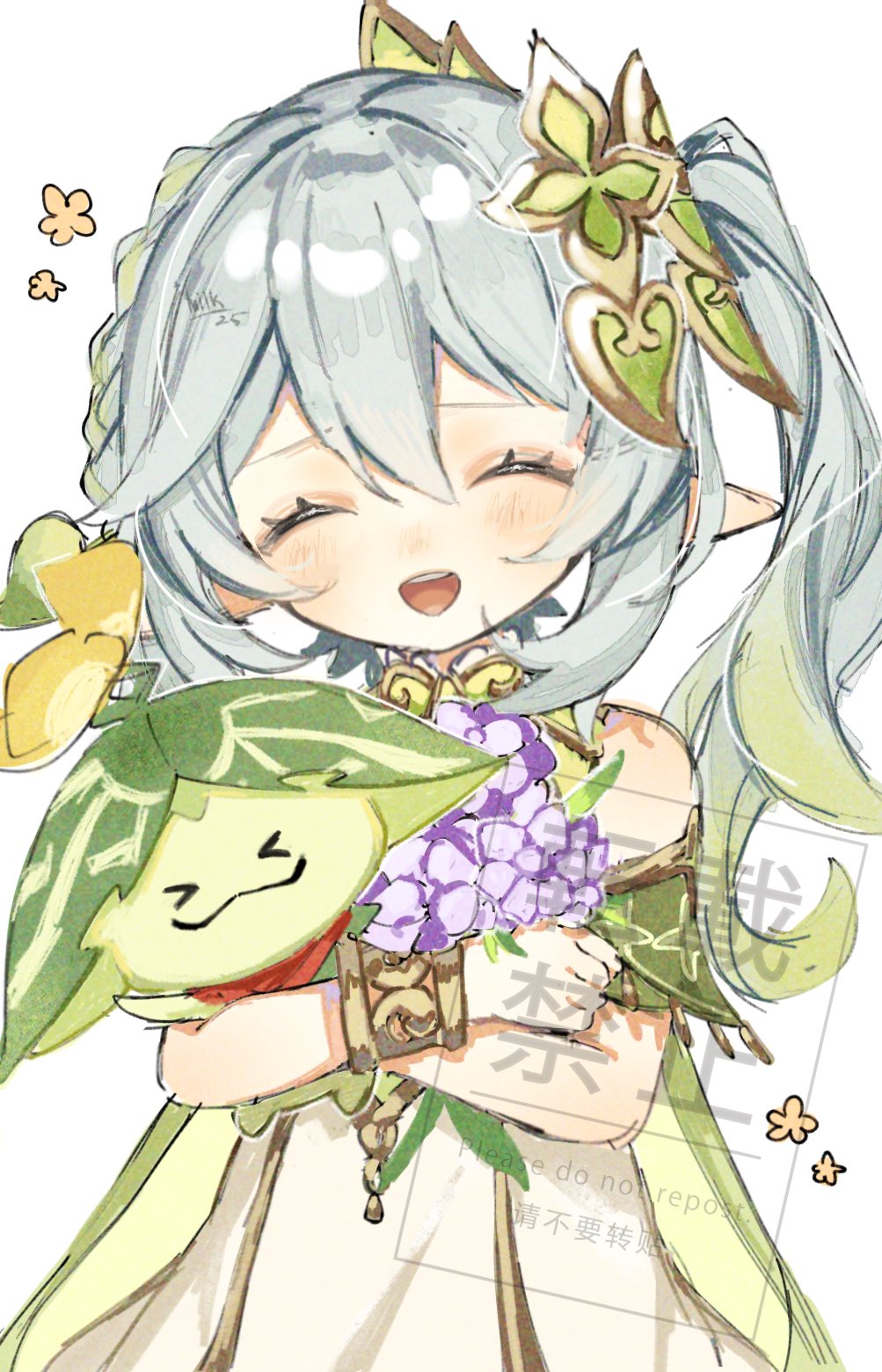 milk3 252, aranara (genshin impact), nahida (genshin impact), genshin impact, commentary, highres, > <, 1girl, ^ ^, bare shoulders, blush, bracelet, closed eyes, cross-shaped pupils, dress, gold trim, gradient hair, green hair, hair between eyes, hair ornament, holding, jewelry, long hair, looking at viewer, multicolored hair, open mouth, pointy ears, side ponytail, simple background, sleeveless, sleeveless dress, smile, solo, symbol-shaped pupils, teeth, upper teeth only, watermark, white background, white dress, white hair