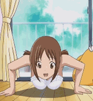 hinako (issho ni training), issho ni training, animated, animated gif, lowres, tagme, 00s, 10s, 1girl, all fours, bouncing breasts, bra, breasts, brown eyes, brown hair, cleavage, exercising, female focus, jiggle, large breasts, looking at viewer, panties, push-ups, short twintails, smile, solo, twintails, underwear, underwear only, white bra