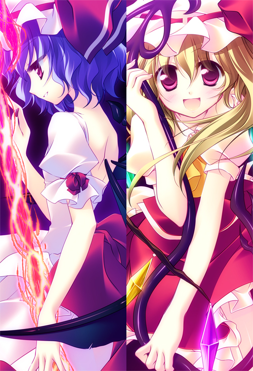 mitsuki (artist), motomiya mitsuki, flandre scarlet, remilia scarlet, touhou, 2girls, blonde hair, blue hair, female focus, laevatein, multiple girls, polearm, siblings, sisters, spear, spear the gungnir, thighhighs, weapon