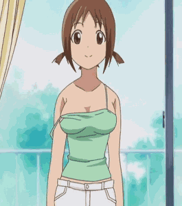 hinako (issho ni training), issho ni training, animated, animated png, lowres, 00s, 10s, 1girl, arms up, bouncing breasts, breasts, brown eyes, brown hair, female focus, indoors, large breasts, looking at viewer, midriff peek, navel, no bra, solo, standing, strap slip, tank top