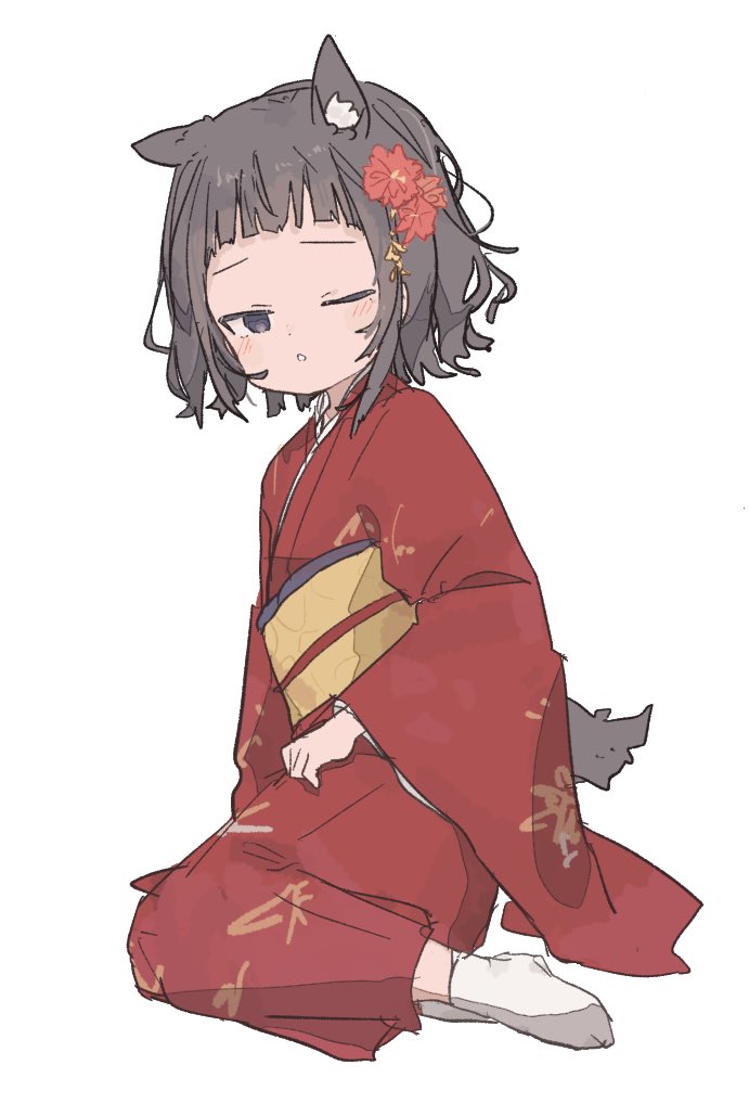 uzoumuzo, original, 1girl, :o, animal ear fluff, blush, dog girl, dog tail, japanese clothes, kimono, looking at viewer, simple background, solo, tail