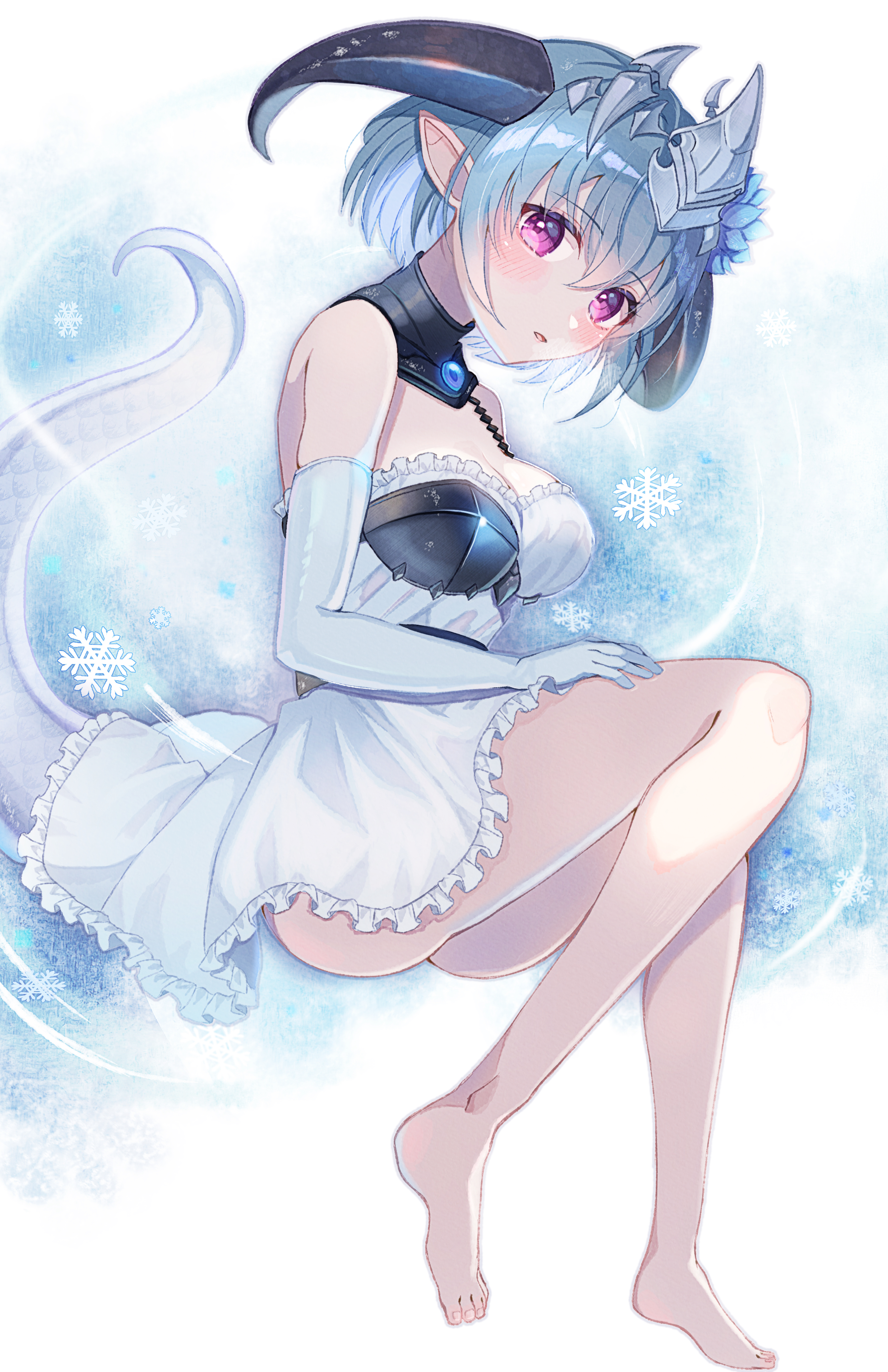 shimada (smd dms), filene (shadowverse), shadowverse, absurdres, highres, 1girl, aqua hair, bare legs, blue flower, blush, breasts, chest guard, cleavage, detached collar, dragon girl, dragon horns, dragon tail, dress, flower, flower ornament, frilled dress, frills, from above, gauntlets, gem, gloves, hair between eyes, hair flower, hair ornament, headpiece, horns, jewelry, looking at viewer, medium breasts, pointy ears, purple eyes, short dress, short hair, smile, snowflakes, solo, tail, white dress, white gloves