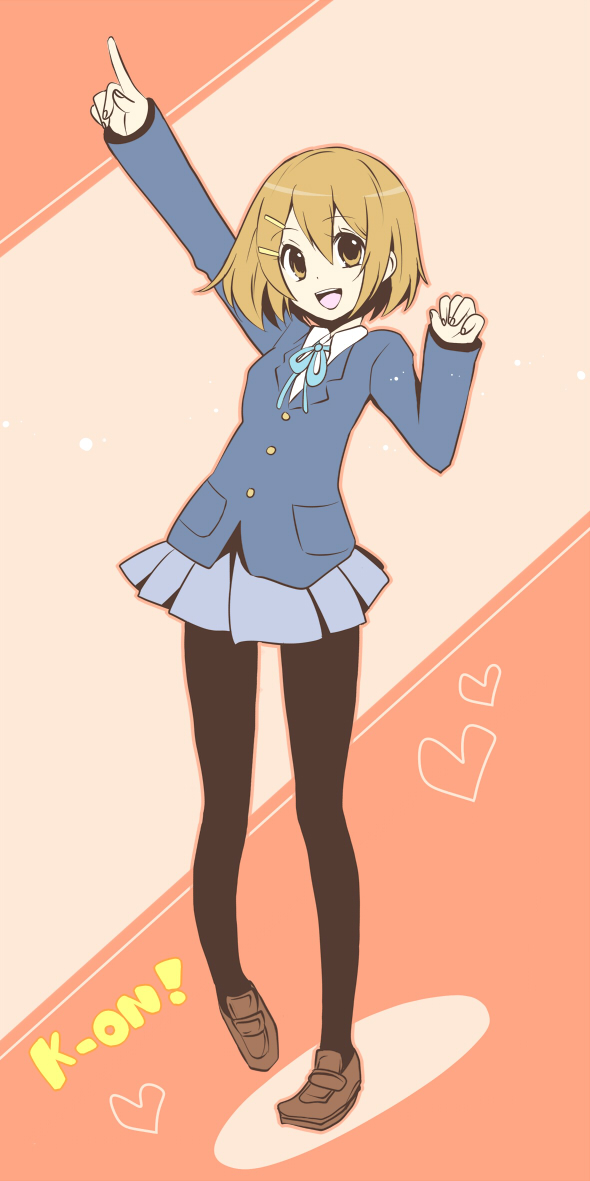 matsumaro, matsyumaro, hirasawa yui, k-on!, bad id, bad pixiv id, 00s, 1girl, brown eyes, brown hair, female focus, full body, pantyhose, pointing, school uniform, short hair, solo