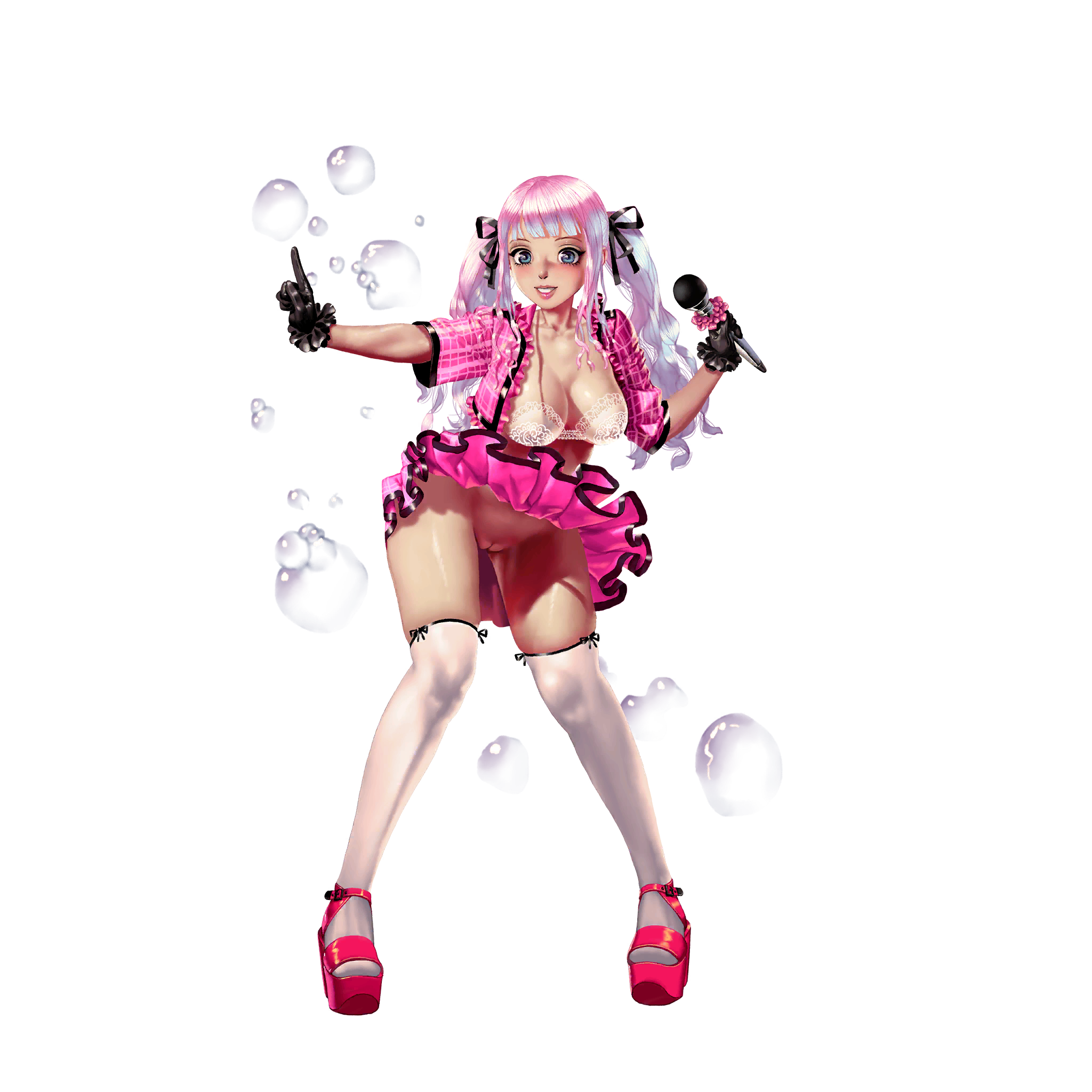 crystal maiden (series), artist request, game cg, highres, official art, variant set, 1girl, black gloves, black ribbon, blue eyes, blue hair, bra, breasts, bubble, cleavage, clothes lift, frills, full body, gloves, hair ribbon, holding, holding microphone, microphone, multicolored hair, multiple hair ribbons, peach (crystal maidens), pink hair, pink shoes, pussy, ribbon, shoes, short sleeves, skirt, skirt lift, smile, solo, transparent background, twintails, uncensored, underwear, white bra
