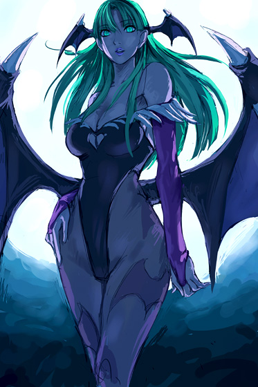 akito, morrigan aensland, capcom, darkstalkers, 1girl, animal print, aqua eyes, aqua hair, bare shoulders, bat print, bat wings, breasts, cleavage, demon girl, detached sleeves, elbow gloves, female focus, gloves, glowing, glowing eyes, head wings, hip focus, large breasts, leotard, lips, long hair, moon, moonlight, night, pantyhose, patterned legwear, print pantyhose, solo, wide hips, wings