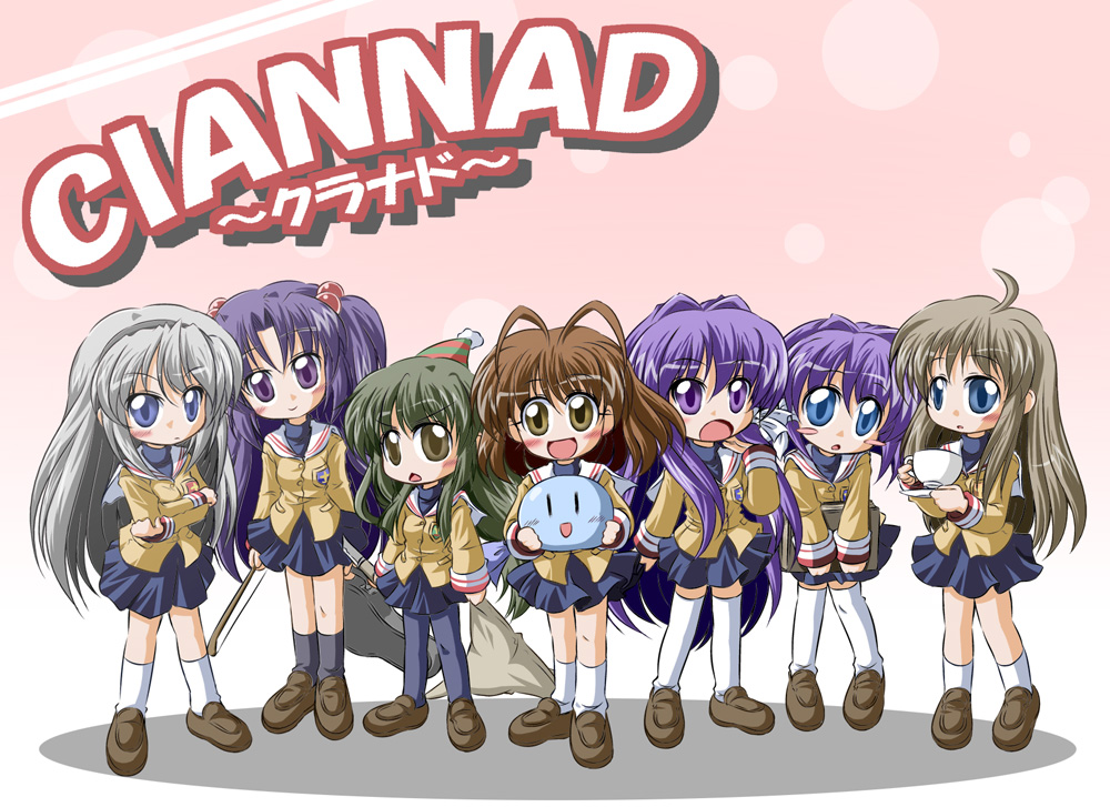 d.a, fujibayashi kyou, fujibayashi ryou, furukawa nagisa, ibuki fuuko, ichinose kotomi, miyazawa yukine, sakagami tomoyo, clannad, dango daikazoku, bad id, bad pixiv id, 00s, 6+girls, book, chibi, cup, hat, instrument, multiple girls, pantyhose, party hat, school uniform, siblings, sisters, twins, violin