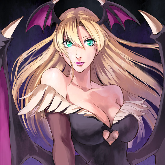akito, morrigan aensland, capcom, darkstalkers, bad id, bad pixiv id, 1girl, aqua eyes, bare shoulders, bat wings, blonde hair, breasts, cleavage, demon girl, detached sleeves, elbow gloves, female focus, gloves, green eyes, head wings, large breasts, lips, lipstick, long hair, makeup, solo, wings
