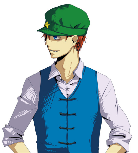 kyouno, hong meiling, izayoi sakuya, touhou, gender request, image sample, pixiv sample, resized, 1boy, genderswap, hat, if they mated, male focus, newsboy cap, simple background, solo, upper body, white background