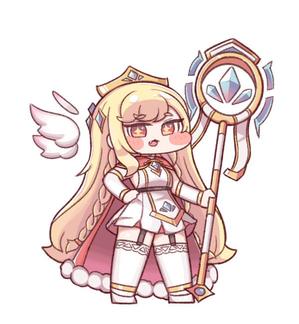 erpin (trickcal), trickcal, alpha transparency, animated, animated gif, artist request, official art, 1girl, blonde hair, blush, breasts, cape, detached sleeves, full body, holding, holding staff, long hair, no nose, open mouth, outline, simple background, solo, staff, thick thighs, thighhighs, thighs, transparent background, white outline, yellow eyes, zettai ryouiki