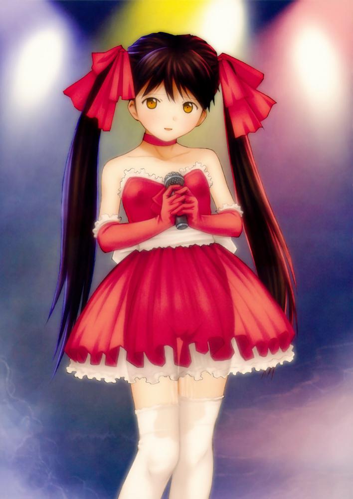 kobayashi yuji, white legwear, copyright request, 1girl, black hair, blush, brown eyes, choker, dress, female focus, hair ribbon, idol, lingerie, loli, long hair, microphone, no bra, no panties, petticoat, pussy juice, ribbon, see-through clothes, solo, thighhighs, twintails, underwear, yellow eyes