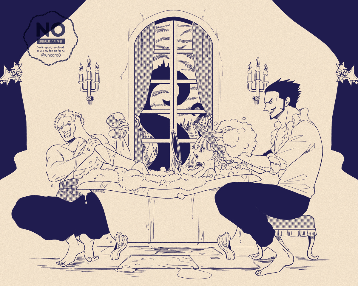 uncoro8, dracule mihawk, perona, roronoa zoro, one piece, 1girl, 2boys, bathing, bathtub, black hair, chandelier, facial hair, frilled shirt collar, frills, goatee, holding, holding mirror, holding sponge, long hair, looking at mirror, mirror, monochrome, multiple boys, muscular, muscular male, open mouth, scar, scar on chest, shirt, short hair, sideburns, sitting, smile, sponge, squatting, star (symbol), topless male, washing another, washing hair, white shirt, window