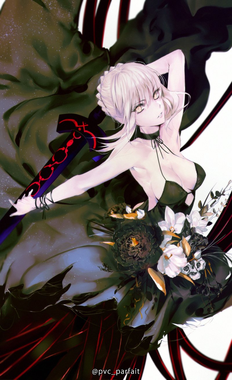 pvc parfait, artoria pendragon (fate), saber alter, saber alter (final ascension), fate/grand order, fate (series), commentary request, highres, 1girl, arm ribbon, arm up, armpits, artist name, bare shoulders, black choker, black dress, black flower, black ribbon, braid, breasts, choker, dress, excalibur morgan (fate), flower, hair between eyes, hair bun, holding, holding sword, holding weapon, lace, lace choker, lips, looking at viewer, medium breasts, neck ribbon, ribbon, short hair, sidelocks, simple background, sleeveless, sleeveless dress, solo, sword, teeth, weapon, white background, white flower, white hair, yellow eyes