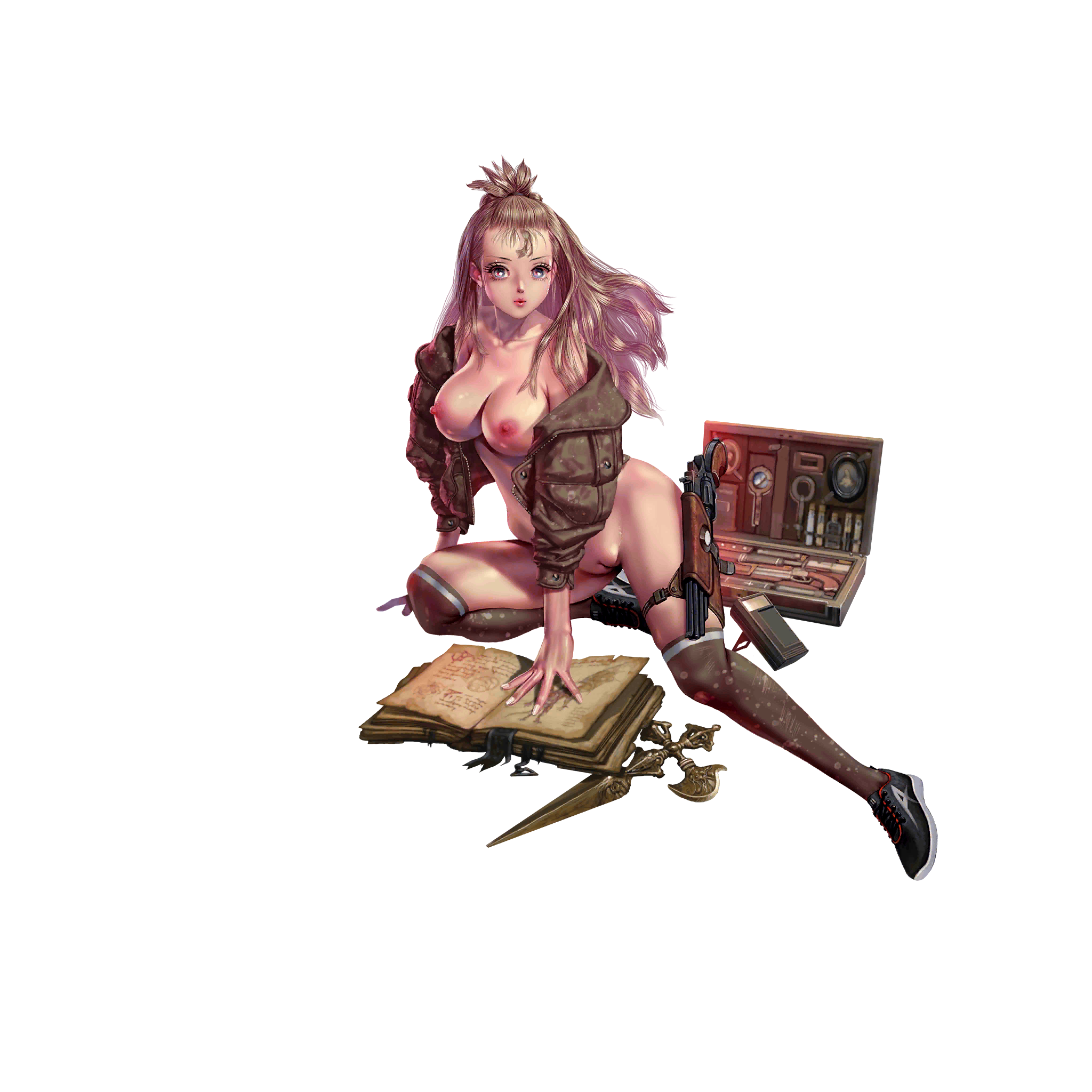 crystal maiden (series), naked footwear, artist request, game cg, highres, official art, variant set, 1girl, black shoes, blue eyes, book, breasts, brown hair, full body, gun, jacket, micro shorts, nipples, nude, open book, open clothes, open jacket, open wallet, pussy, sammy (crystal maidens), shoes, shorts, sneakers, solo, thigh strap, transparent background, uncensored, wallet, weapon