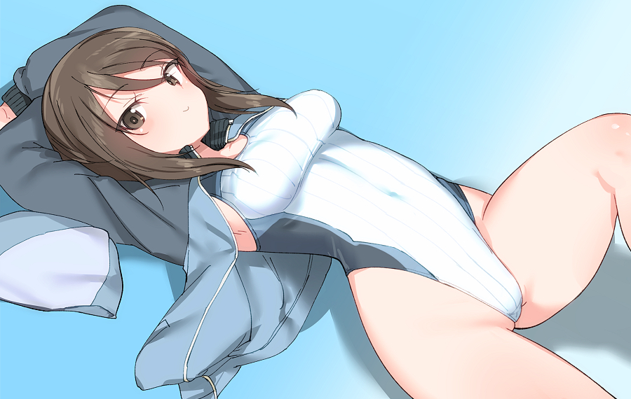 shimada fumikane, mika (girls und panzer), girls und panzer, commentary, english commentary, 1girl, arms behind head, blue hat, breasts, brown eyes, brown hair, closed mouth, competition swimsuit, covered navel, hat, highleg, highleg one-piece swimsuit, jacket, looking at viewer, lying, medium breasts, medium hair, multicolored swimsuit, on back, one-piece swimsuit, smile, solo, swimsuit, track jacket, tulip hat, white one-piece swimsuit