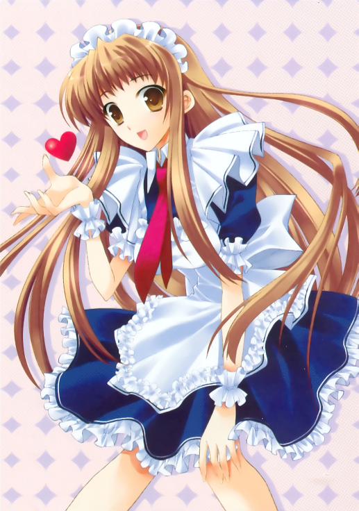 non-web source, brown eyes, brown hair, heart, leaning forward, long hair, maid, solo, wristband