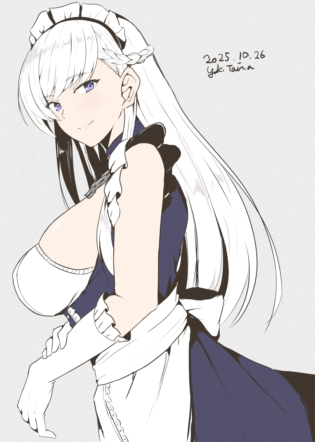 taira yuuki, belfast (azur lane), azur lane, highres, 1girl, apron, blue dress, braid, breasts, dress, frilled gloves, frills, gloves, half up braid, large breasts, long hair, looking at viewer, maid, maid apron, maid headdress, purple eyes, smile, solo, white gloves, white hair