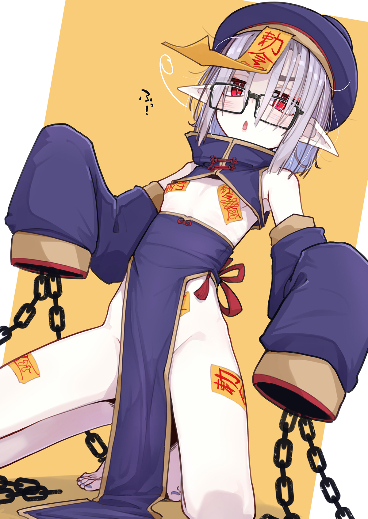 ogami kazuki, original, highres, 1girl, barefoot, colored skin, glasses, groin, jiangshi, off shoulder, pasties, pointy ears, red eyes, sleeves past wrists, solo, spread legs, thighs, white skin