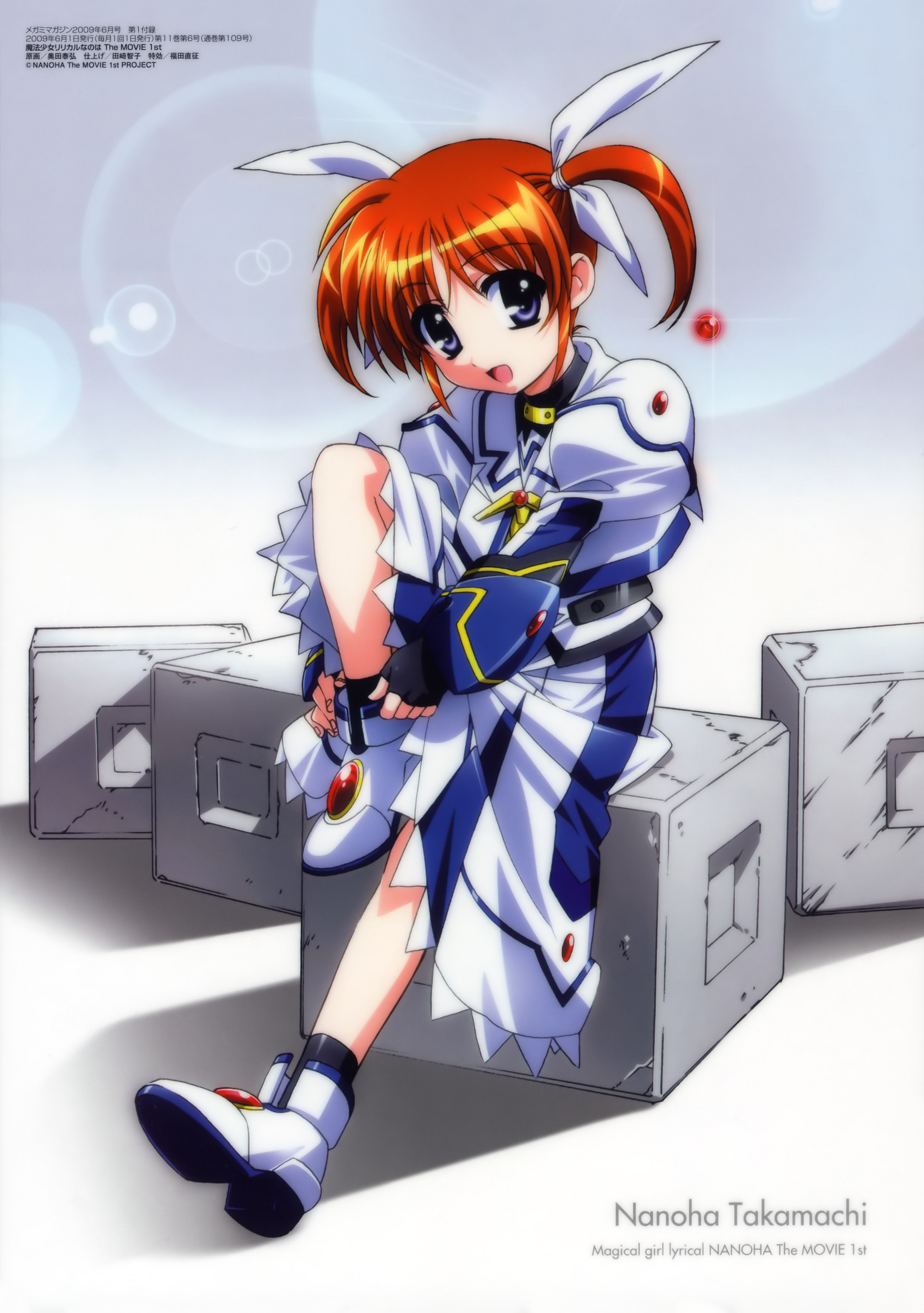 okuda yasuhiro, raising heart, raising heart (standby mode), takamachi nanoha, takamachi nanoha (movie 1st mode), lyrical nanoha, mahou shoujo lyrical nanoha, mahou shoujo lyrical nanoha the movie 1st, megami magazine, absurdres, highres, official art, scan, 10s, 1girl, :d, aged down, ankle boots, armor, blue eyes, boots, breasts, brown hair, character name, copyright name, dress, dressing, female focus, fingerless gloves, floating, gem, glint, gloves, gradient background, hair ribbon, happy, head tilt, high heels, jacket, juliet sleeves, leg lift, lens flare, long sleeves, looking at viewer, magical girl, open mouth, orange hair, parted bangs, puffy long sleeves, puffy sleeves, purple eyes, red hair, ribbon, shadow, short hair, short twintails, sidelocks, sitting, skirt, small breasts, smile, socks, solo, turtleneck, twintails, vambraces